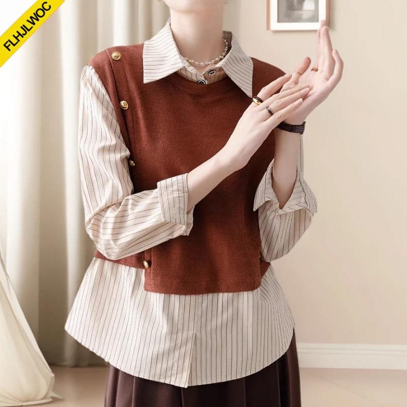 Offres spéciales nouveau 2025 bureau Blouse femmes mode mignon doux Style Preppy filles Patchwork hauts à rayure faux deux pièces conception chemises