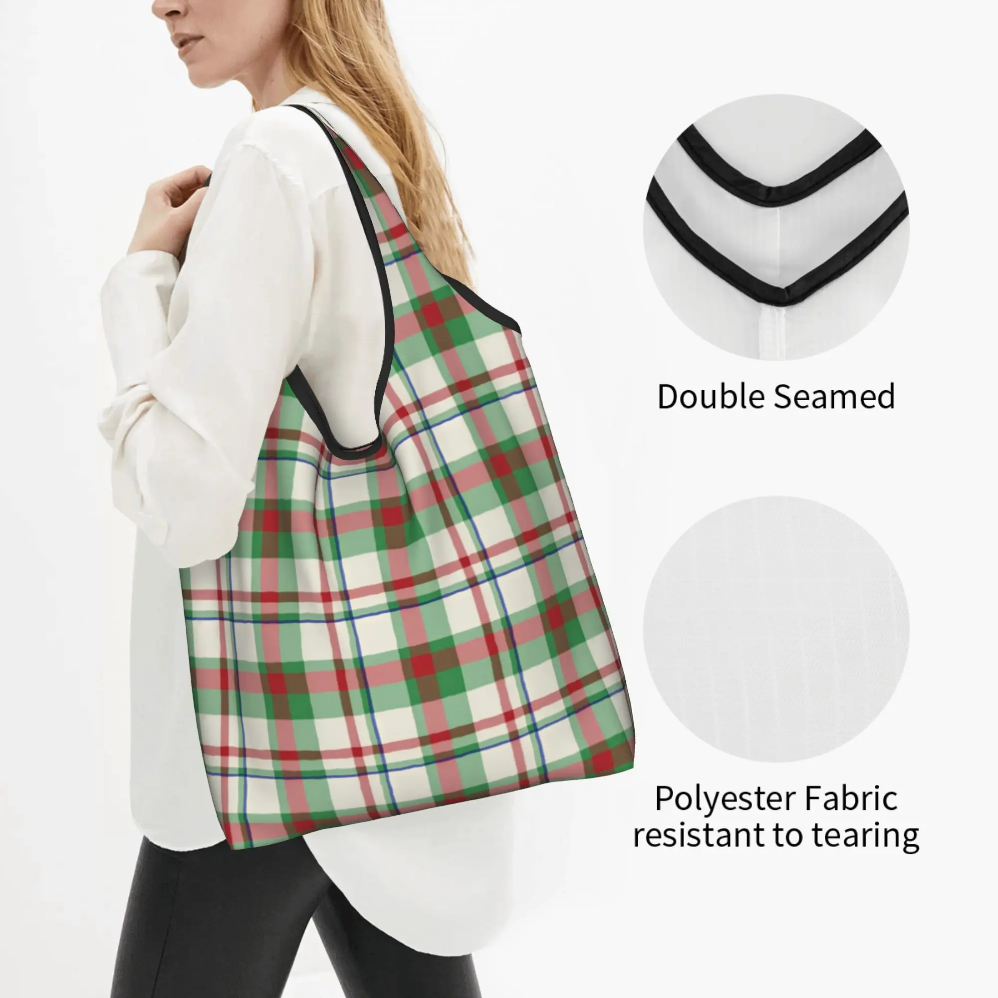 Classic Christmas Red And Green Plaid Grocery Tote Shopping Bag Women Kawaii  Shopper Shoulder Bag Big Capacity Handbag