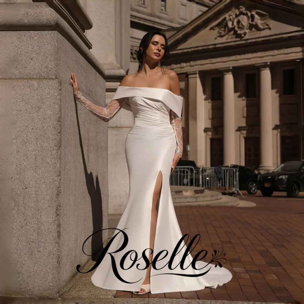 ROSELLE Simple Off Shoulder Elegant Mermaid Wedding Dress High Side Slit Sweep Train 2026 Bridal Customized свадебное платье
