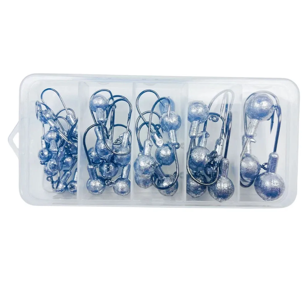 Limnoid Jig Head Hooks Kit, 30 Stück, scharfe Haken aus Kohlenstoffstahl mit Bleikugelkopf für das Angeln mit weichen Ködern im Salzwasser und Süßwasser – Detail 2