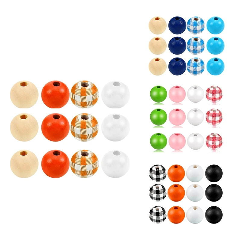 160 Pcs Craft Plaid Wood Round Beads Colorful Farmhouse Beads For Christmas Craft DIY Beads Garland