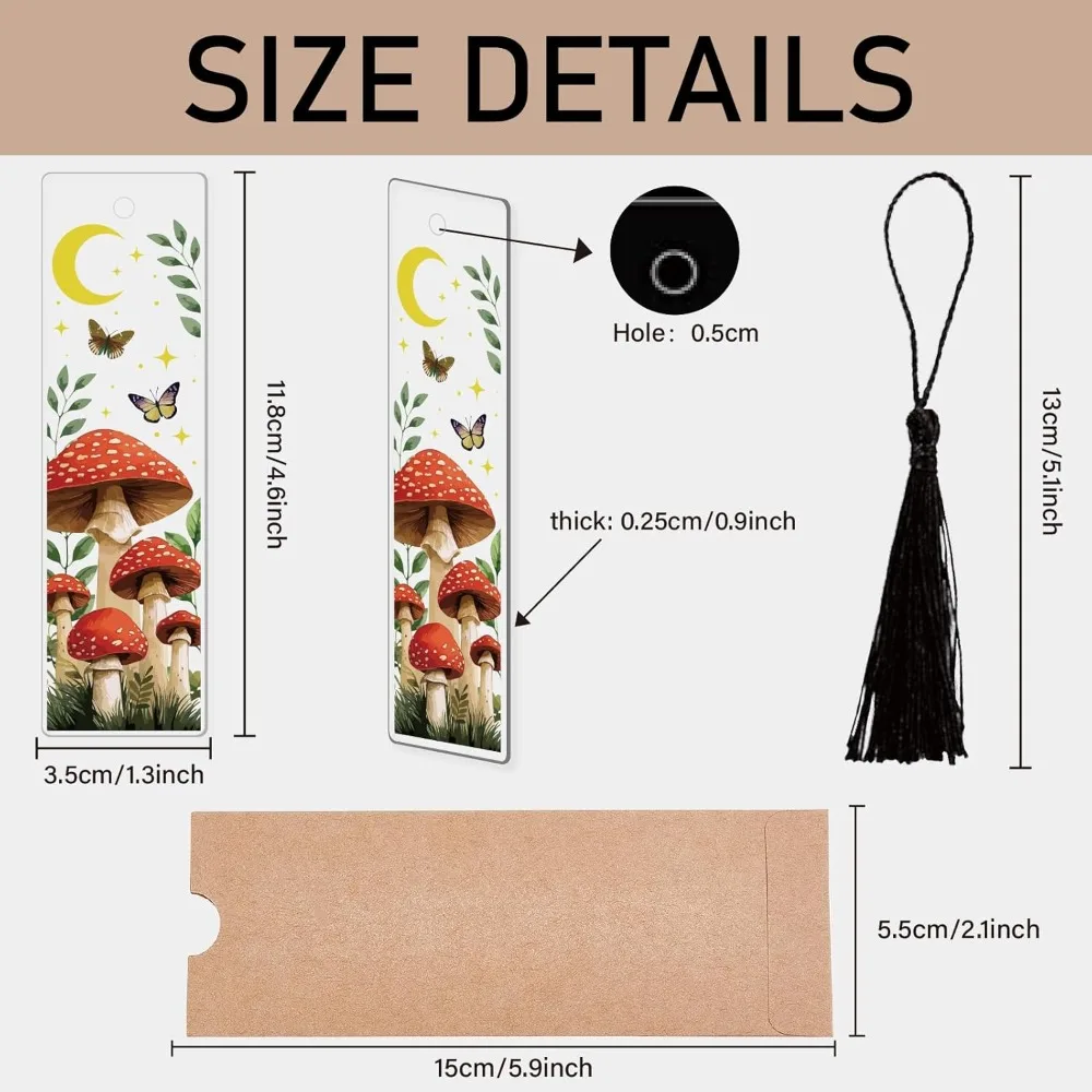 Mushroom Pressed Acrylic Bookmarks Transparent Bookmark Rectangle Book Marker Tag with Tassel Printed Mushrooms making kit