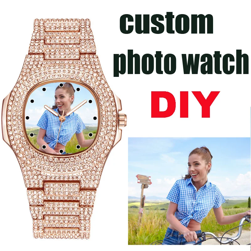 Relógio Quatz com foto personalizada para homens e mulheres, unissex, imagem impressa no mostrador do relógio, relógio de pulso OEM DIY para amantes