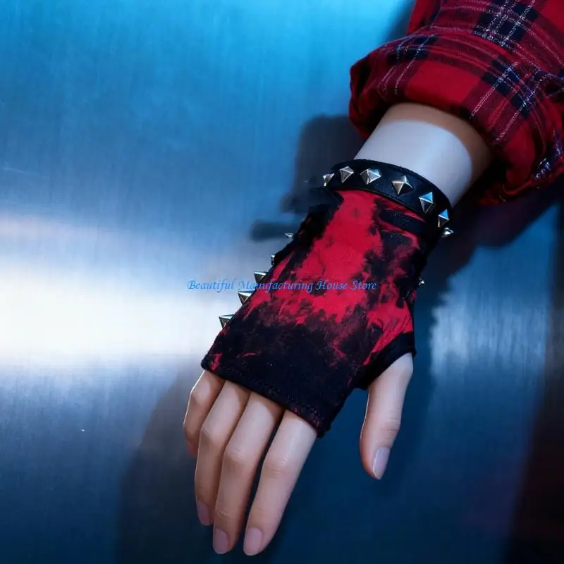 E56A Fingerless Gloves Punk Fashion Rivet Studded Handwear Gloves For Street Wear