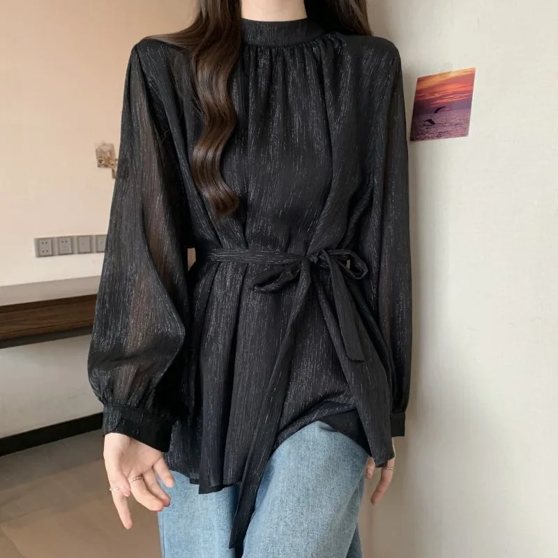 

2025 Design-sensing Lace-up Waist Long-sleeved Shirt for Women New Large Size Loose Slimming Mid-length Top