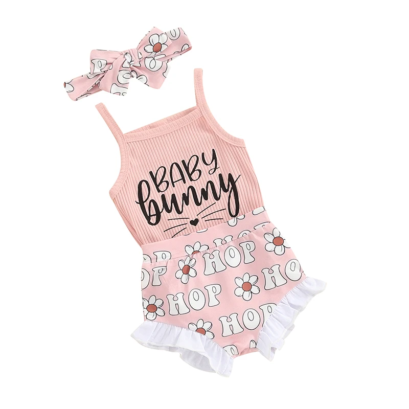 

Infant Baby Girl Easter Outfits Letter Print Sleeveless Rompers Shorts Headband 3Pcs Summer Clothes Set