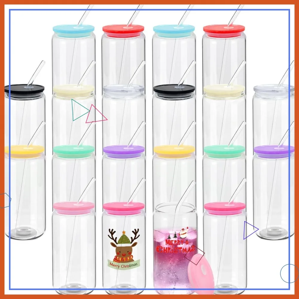 

20 Pack Clear Glass Tumblers with Acrylic Lids and Straws, 16oz Iced Coffee Cups for Tea Beer Soda Smoothie Whiskey Gift