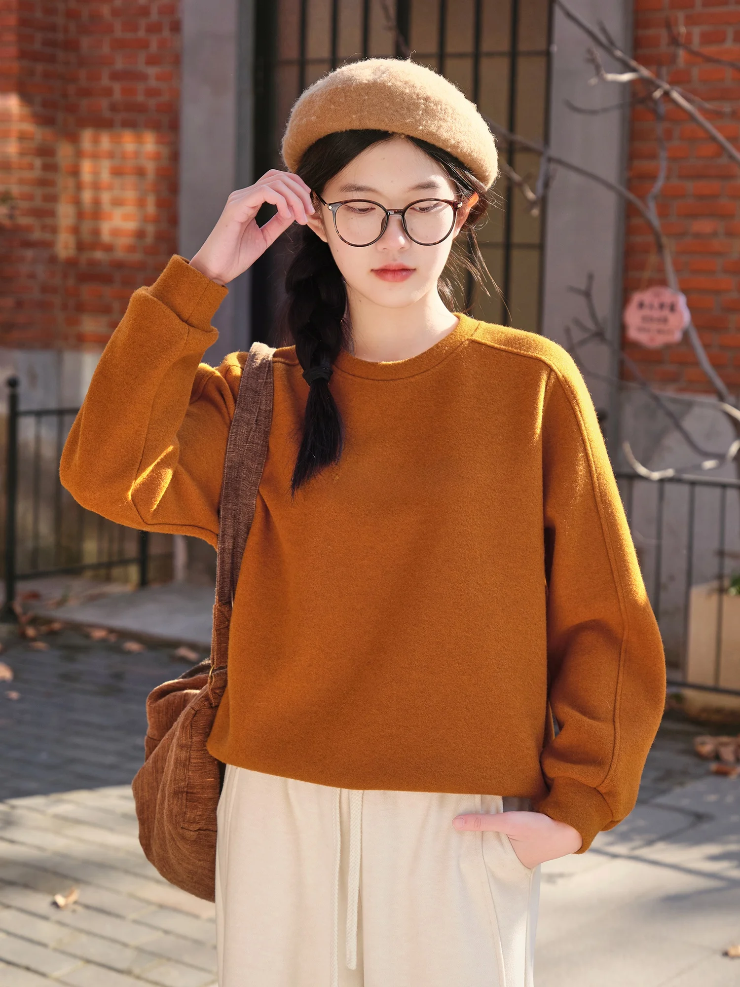 

Warm Knitted Pumpkin Orange Hoodie Women's Faion Winter Sweatirt Embroidered Wool Blend Comfortable Loose Fit round Ne