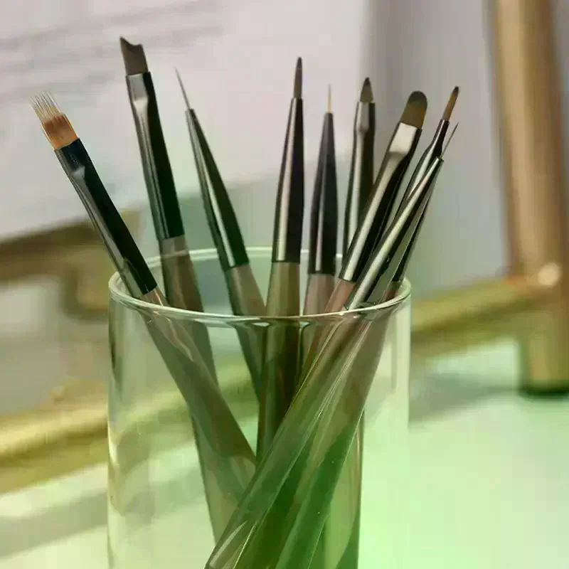 【Y】9Pcs Semi-transparent Acrylic Nail Art Brush Set Multi Types Gel Liner Sweep Ombre Gradient Flower Drawing Pen Manicure Tools