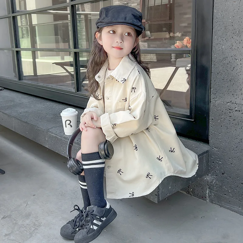 Girls Shirt Spring Autumn 2025 New Fashion Bow Shirt Jacket Fashionable Sweet and Cute Casual Versatile Temperament