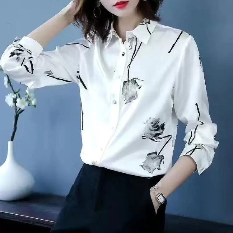 Women's Long Sleeve Spring Autumn Plant&Flowers Printing Button Pocket Chiffon Cardigan Shirt Casual Turn-down Collar Tops