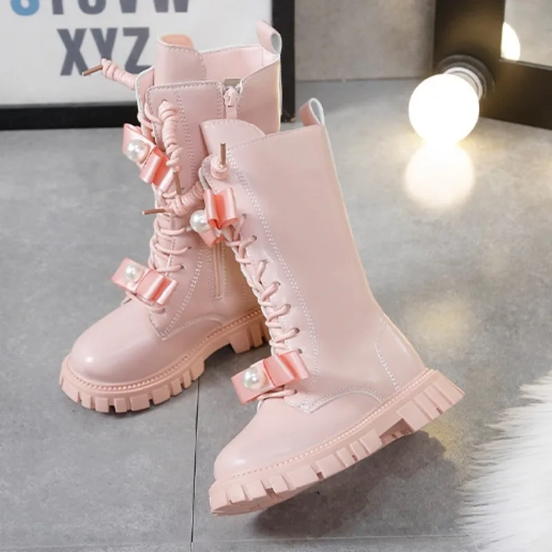 Girls Boots Autumn Winter Warm Plush Princess Long Boots Fashion Pearl Bow Leather Boots Soft Bottom Anti Slip Kids Shoes Pink