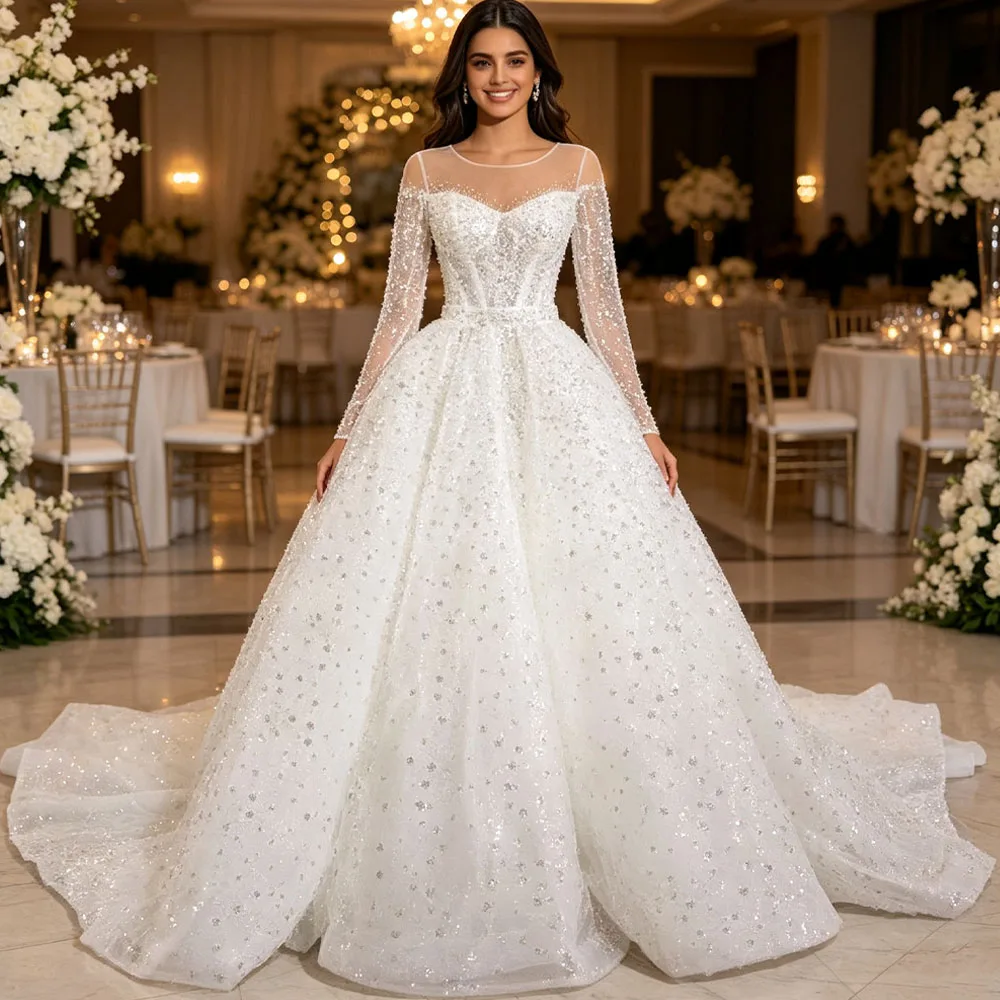 Luxurious 2 In 1 Wedding Dress Detachable Skirt O Neck Long Sleeve Lace Up Back Sequined Bridal Dress
