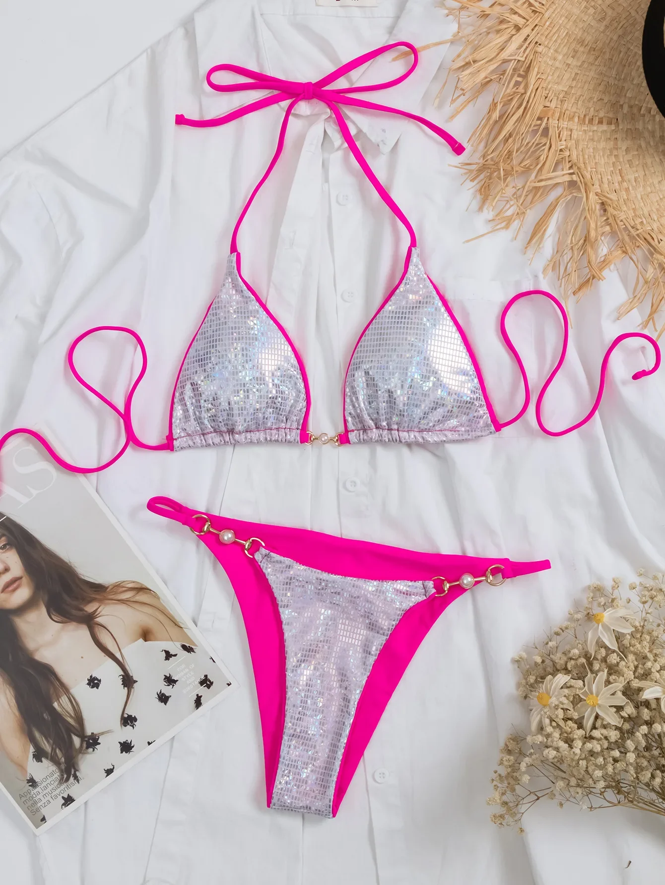 

sexy shinny sequine glitter halter metallic bikinis sets two pieces thong high waist padded bathing suit beach wear swimsuits