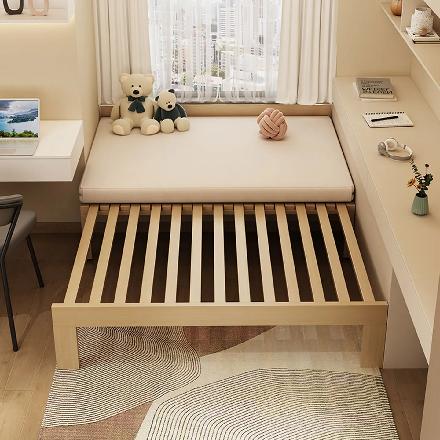 Solid wood bay window bed frame telescopic row skeleton telescopic bed pull-out bed bay window sofa small apartment bay window