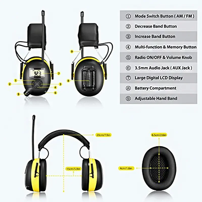 Imagem -03 - Nrr-proteção Auditiva Ear Muffs para Trabalhar Protetor Auditivo Eletrônico Redução de Ruído Earmuffs de Segurança Mp3 am fm Rádio 30db