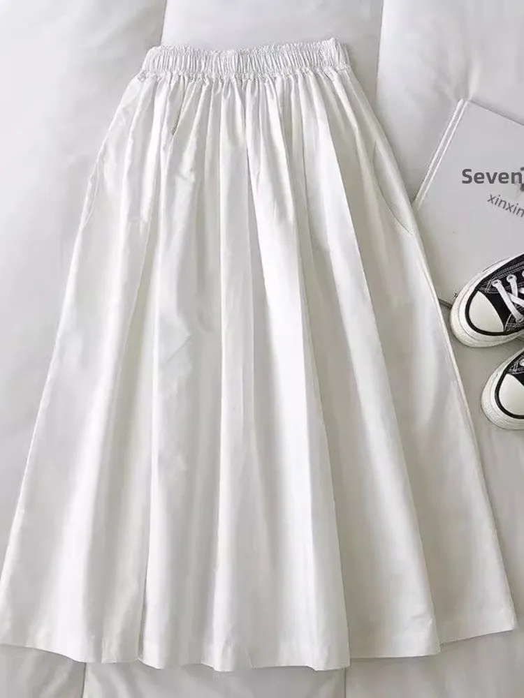 

Summer Workwear High Waist A-Line Midi Skirt Color Khaki Simple Artistic plus Size Slimming Cardigan Style Women's Skirt