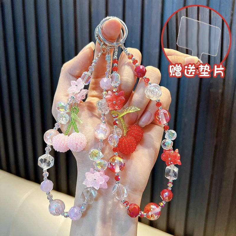 

Luxury Bow Crystal Bead W/Card Wrist Strap Phone Charm Keychain Fruit cherries Beads Chain Backpack decor Lanyard Pendant Gift
