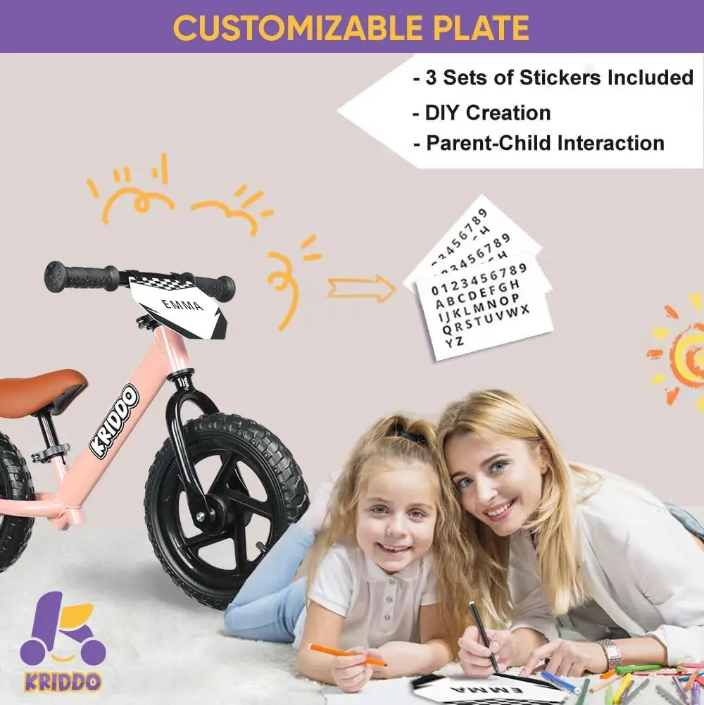 Bicicleta de equilibrio para niños pequeños de 2 años, de 24 meses a 5 años, bicicleta de empuje de 12 pulgadas con placa personalizada (3 juegos de pegatinas Inc