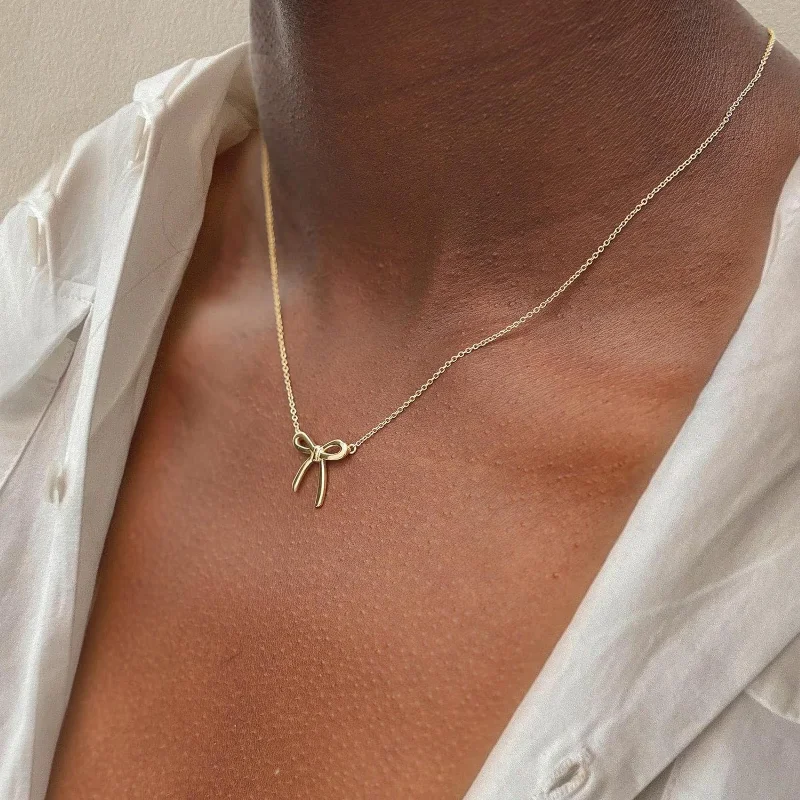 14K Dainty Gold Bow Necklace for Women Mom Teen Girls, Cute Small Tiny Bow Pendant Choker Chain Necklaces Jewelry Gifts for Her