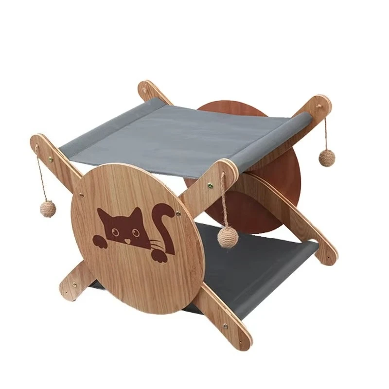 Double Layer Rectangular Bamboo Cat Bed Cave with Wooden Frame Removable Washable Pet Hideaway for Indoor Cats