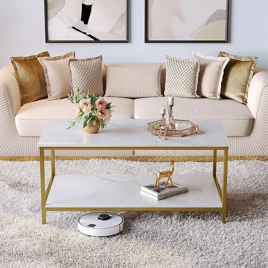 

Modern 2Tier White Gold Coffee Table For Living Room Industrial Rectangle Wood Table For Large Or Small Spaces Home Furniture