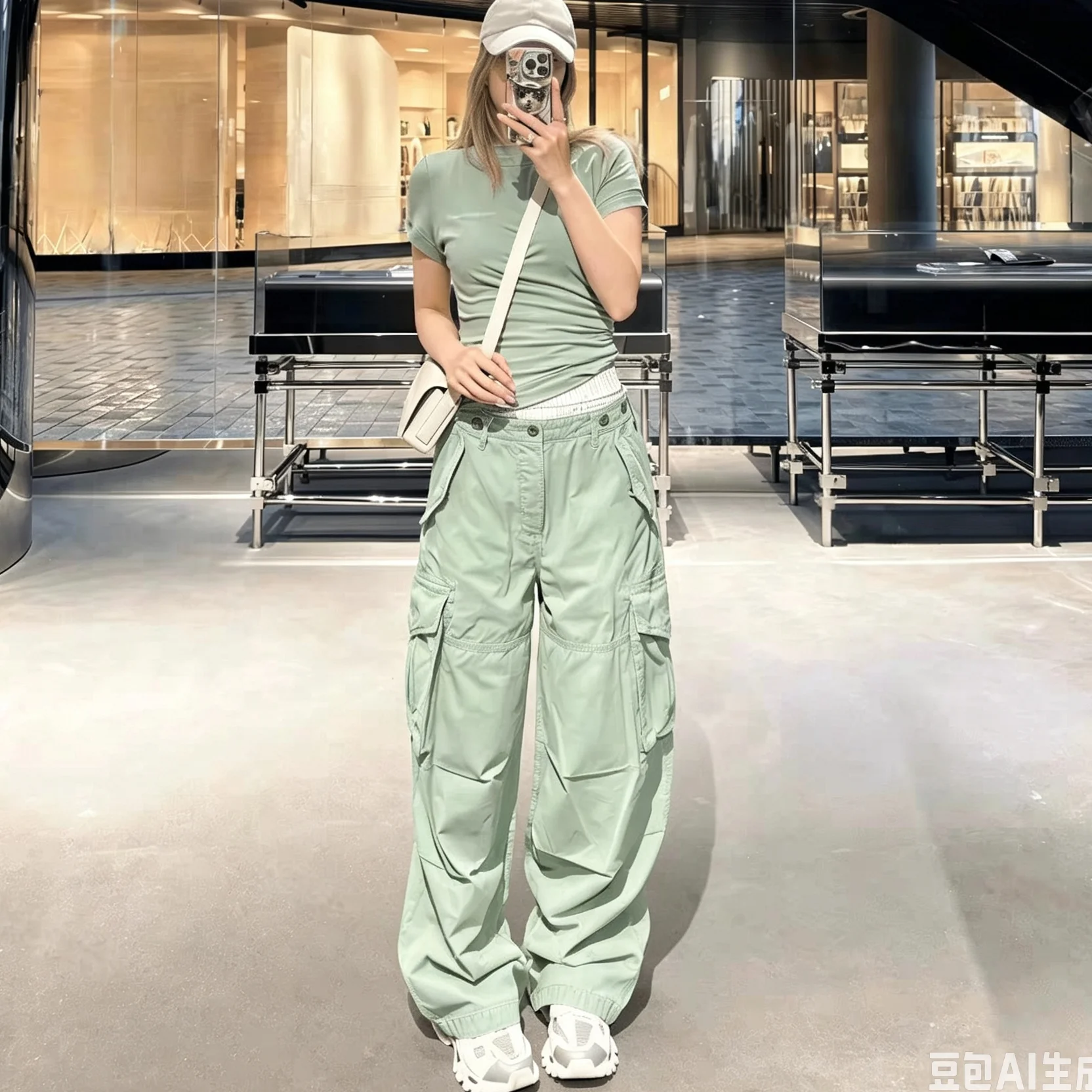 New autumn style pure cotton striped patchwork green casual trousers, high quality, fashionable casual multi-pocket cargo pants