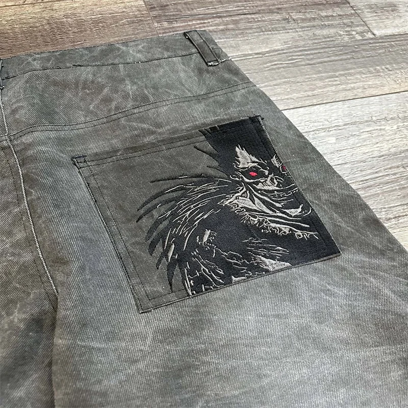 الرجعية مذكرة الموت أنيمي دور التصحيح التطريز المتعثرة غسلها مستقيم الساق الجينز Y2K أزياء الرجال النساء فضفاض الهيب هوب الشارع الشهير #5