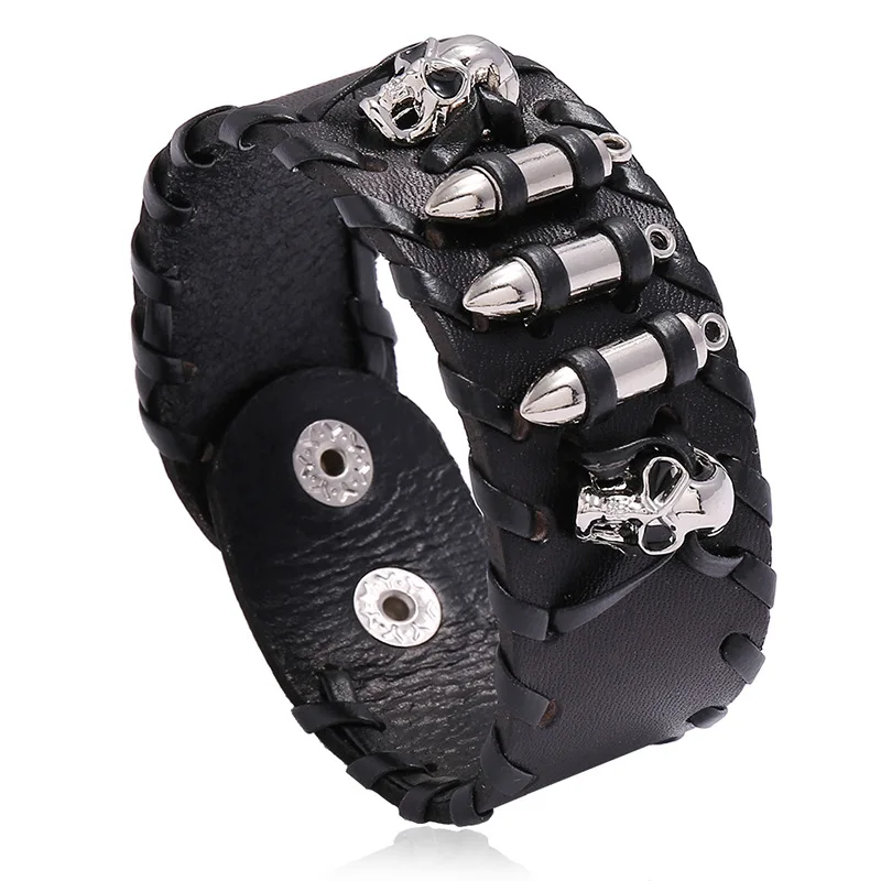 Skull Genuine Leather Wide Bracelet Punk Style Woven Cowhide Metal Skull+Bullet Bracelet Male Personalized Wristband Accessory