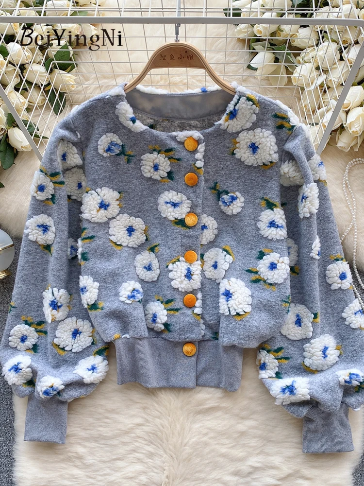 

Beiyingni Fall Winter Women's Coats New Style French Vintage 3D Floral Buttons Outwear Tops Female Korean Warm Kawaii Jacket