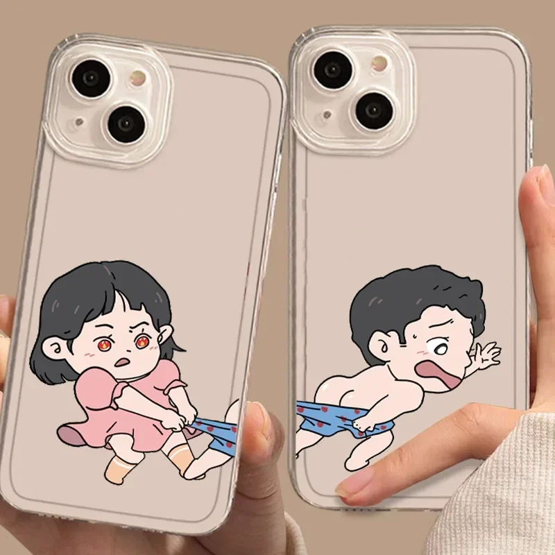 Funny Boy Girl Paired Couple Phone Case For iPhone 15 14 16 Pro Max 13 12 Mini 11 Pro XR 8 7 Plus SE Clear Lovers Shells Fundas