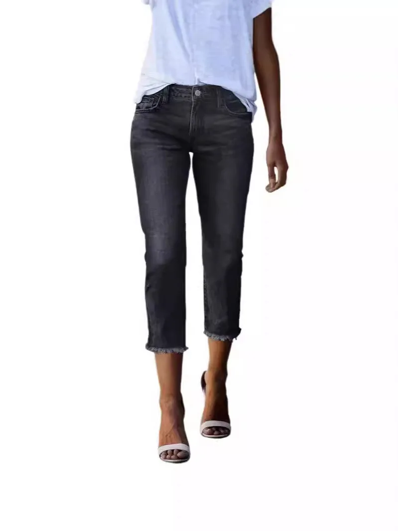 2025 سليم صالح لون نقي زر السراويل الطويلة الشارع جينز نسائي غير رسمي منتصف تمتد مرونة الخصر موسم الصيف