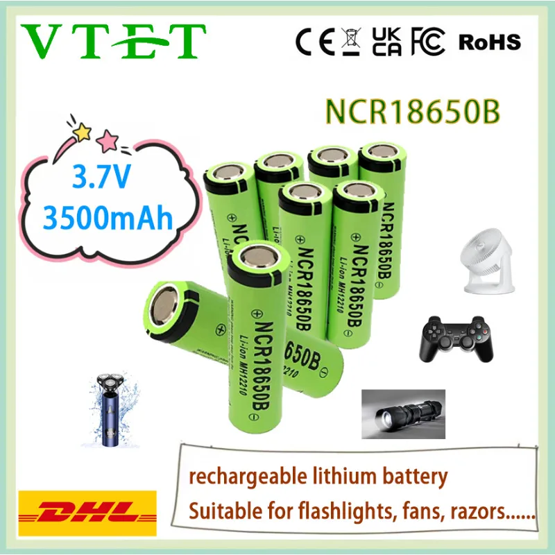 

NCR 18650B lithium battery, 3.7v 3500mAh rechargeable, high-capacity with protective board, suitable for fan toys, flashlights