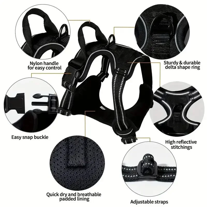 No Pull Dog Harness 2 Leash Clips Adjustable Soft Padded Reflective Oxford Pet Vest Easy Control Handle for Walking Training