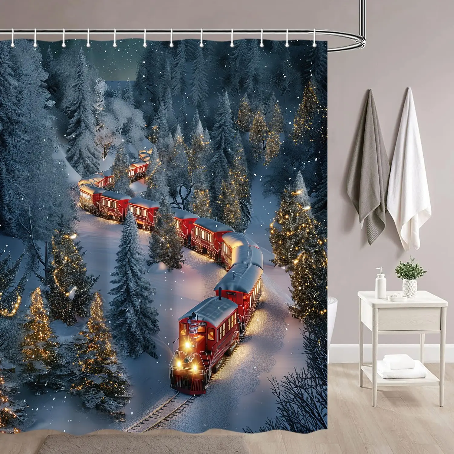 Winter Snow Shower Curtain for Bathroom, Train Travels Through The Pine Forest at Night Christmas Tree Snowflake Shower Curtains