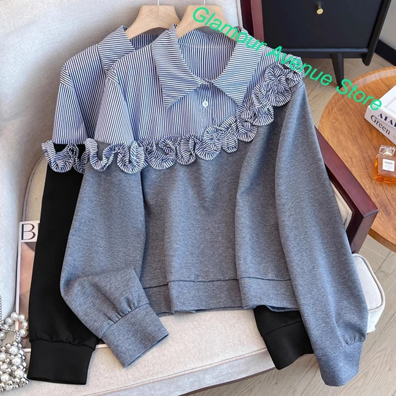 French striped stitching fake two-piece blouse women's autumn and winter loose three-dimensional flower casual bottoming shirt