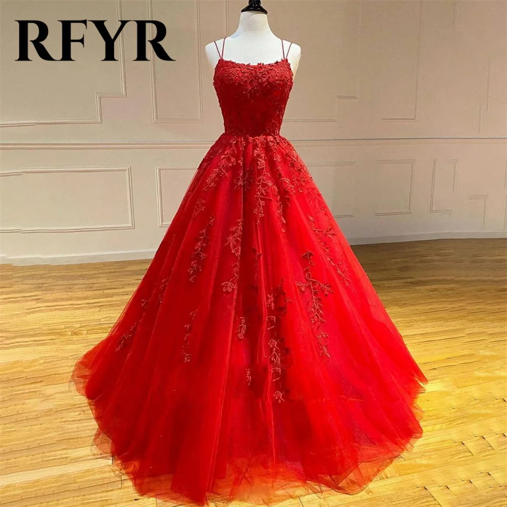 

RFYR Red Evening Dresses A-line Corset Spaghetti Strap Prom Dress with Lace Appliques فستان سهرة O-Neck Sleeveless Party Dress