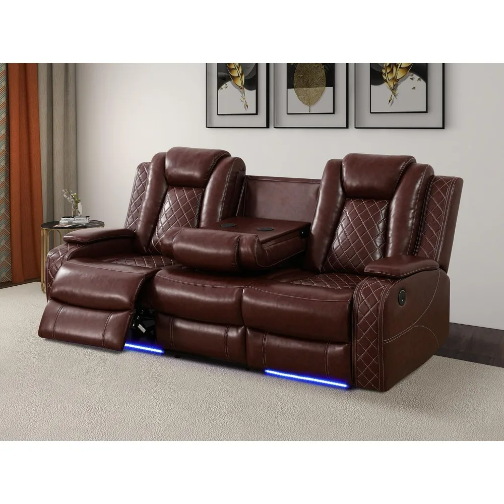 Breathing Reclining Leather Sofa, Living Room Power Recliner Adjustable Manual Sofa with UPS Ports/LED Light/Wireless Charger