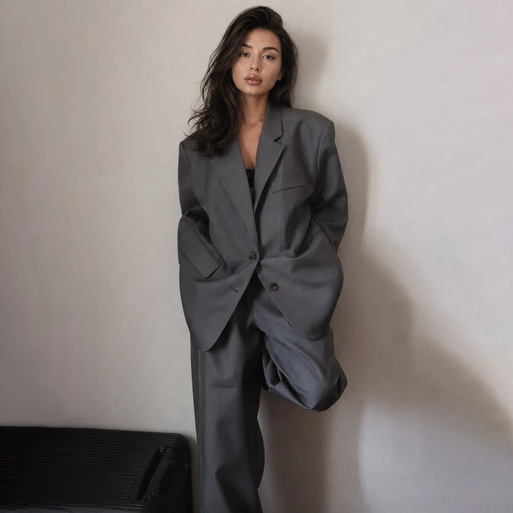 Slouchy Women Grey Oversized Loose Suit Single Breasted Blazer Wide Leg Pants 2 Pieces Casual Business Office Streetwear Outfit