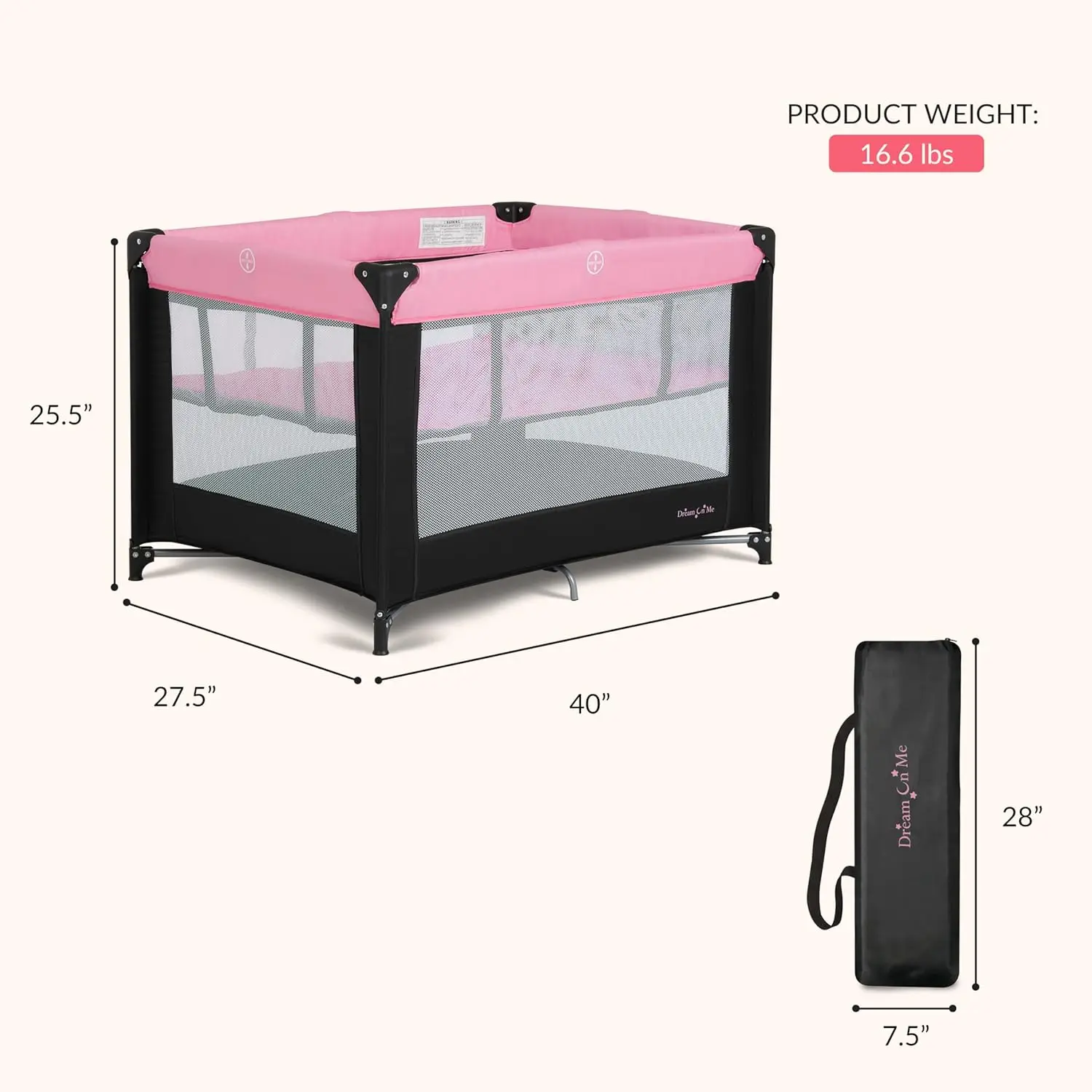 Gioco portatile con culla - 360 °   Rete, piega rapida, borsa da viaggio e materasso inclusi - Rosa