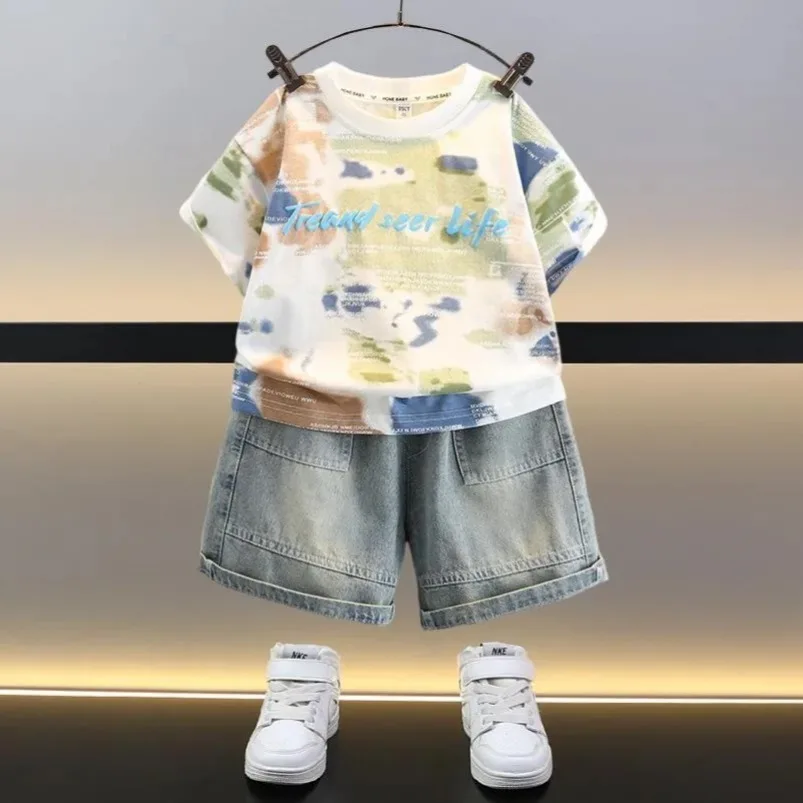 

Suit Kids Clothing 2pcs Sets Boys Thin Cotton Short Sleeved T-shirt+ Black 2025 Denim Shorts Tracksuits New Teens Clothes