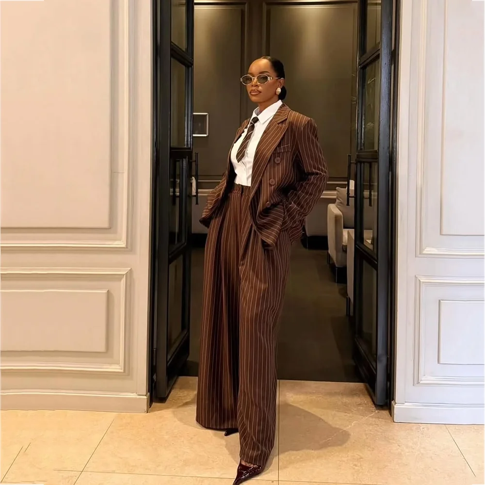 Vintage Striped Women Two Pieces Suit Double Breasted Oversized Notched Lapel Blazer Trousers Professional Retro Chic Lady Set