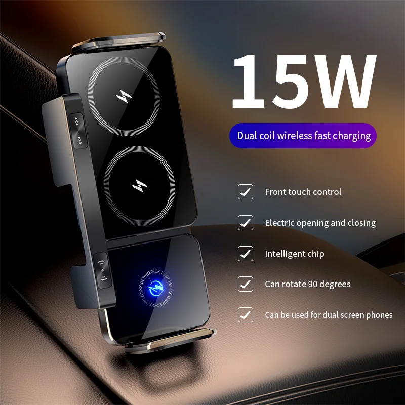 15W Dual‑Coil Fold Wireless Car Charger – 90° Rot, Electric Clamp, 360° Bll Joint, Builtin Battery for iPhone & Android