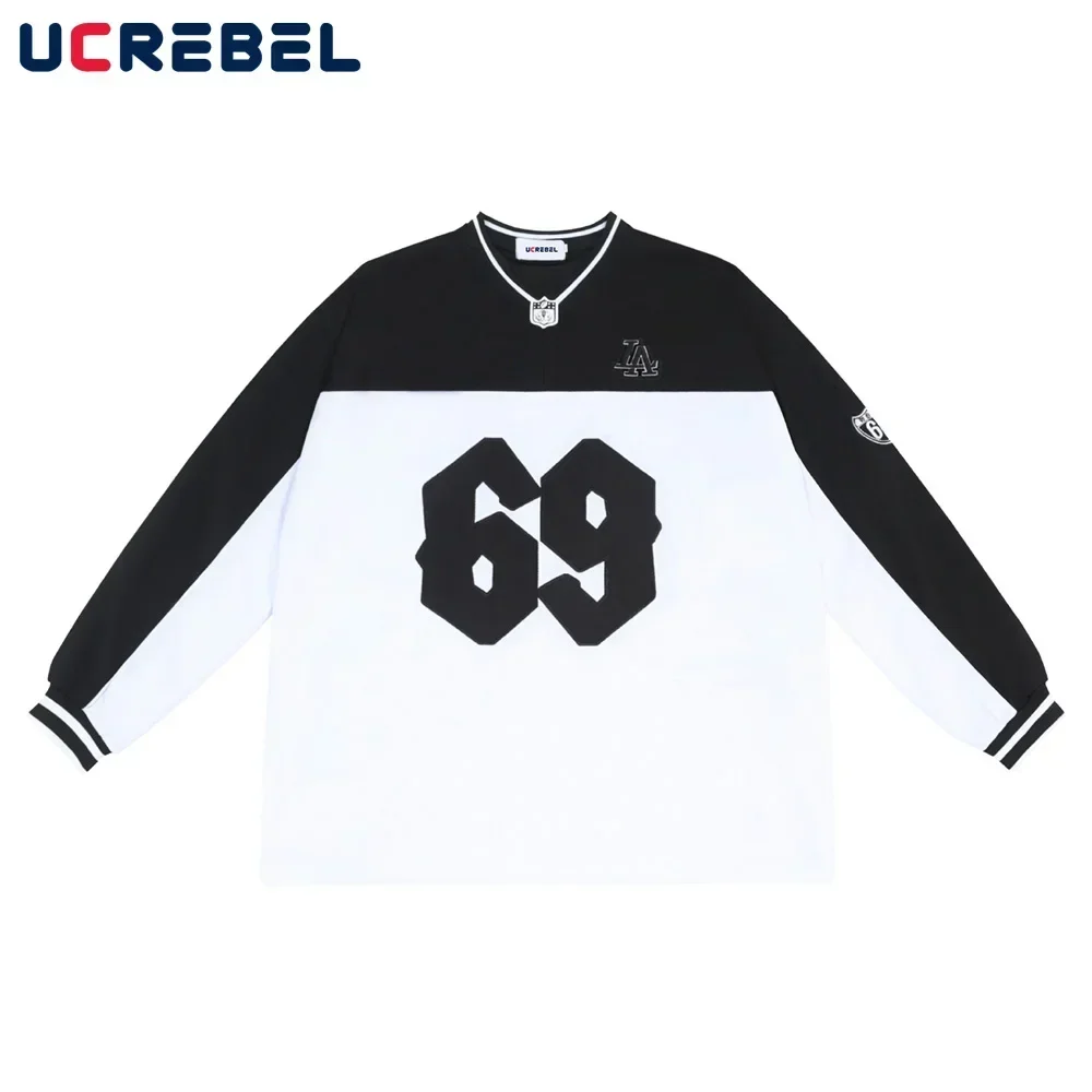 Color Block Long Sleeve T-shirt Mens Autumn Casual Streetwear V-neck Letter Embroidery Breathable Mesh Sports Jersey Men