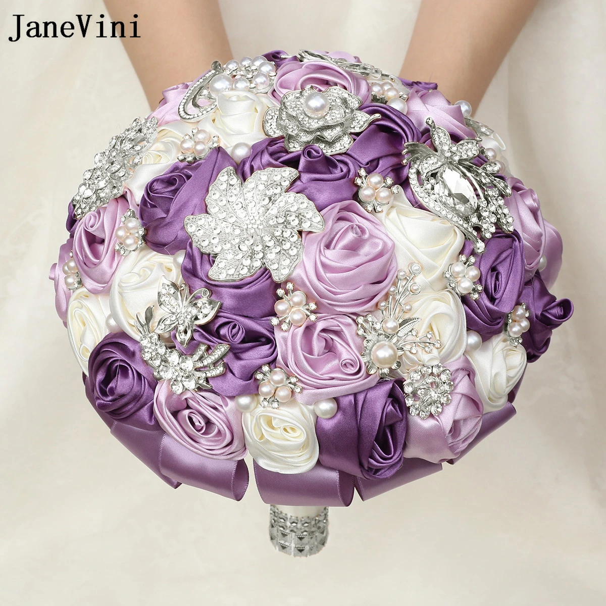 JanrVini Customized Light Purple Wedding Bouquets Luxury Sliver Crystals Artificial Satin Roses Bride Bridesmaid Holding Flowers