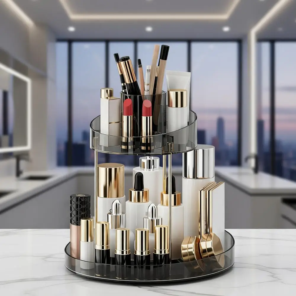 

Двухъярусный вращающийся на 360 градусов органайзер для макияжа — серый, идеально подходит для ухода за кожей, губной помады, духов и косметики на туалетном столике или