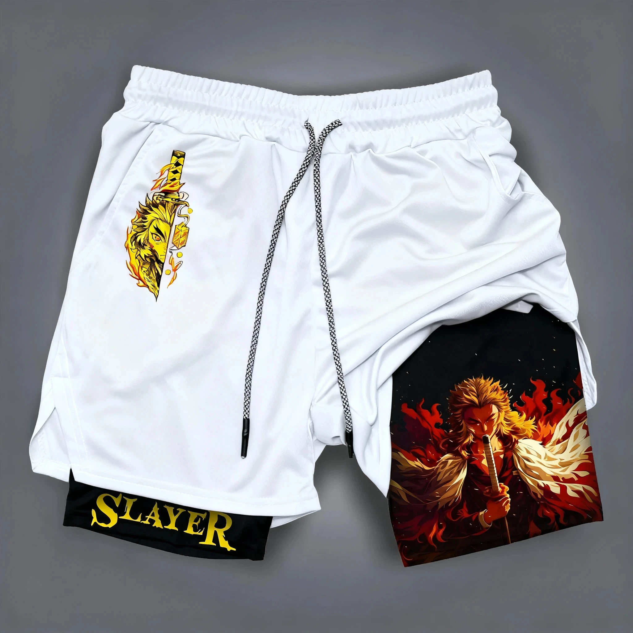 Nova moda verão demon slayer calções de ginásio homem streetwear casual anime impressão shorts dupla camada calças de fitness esportivas y2k