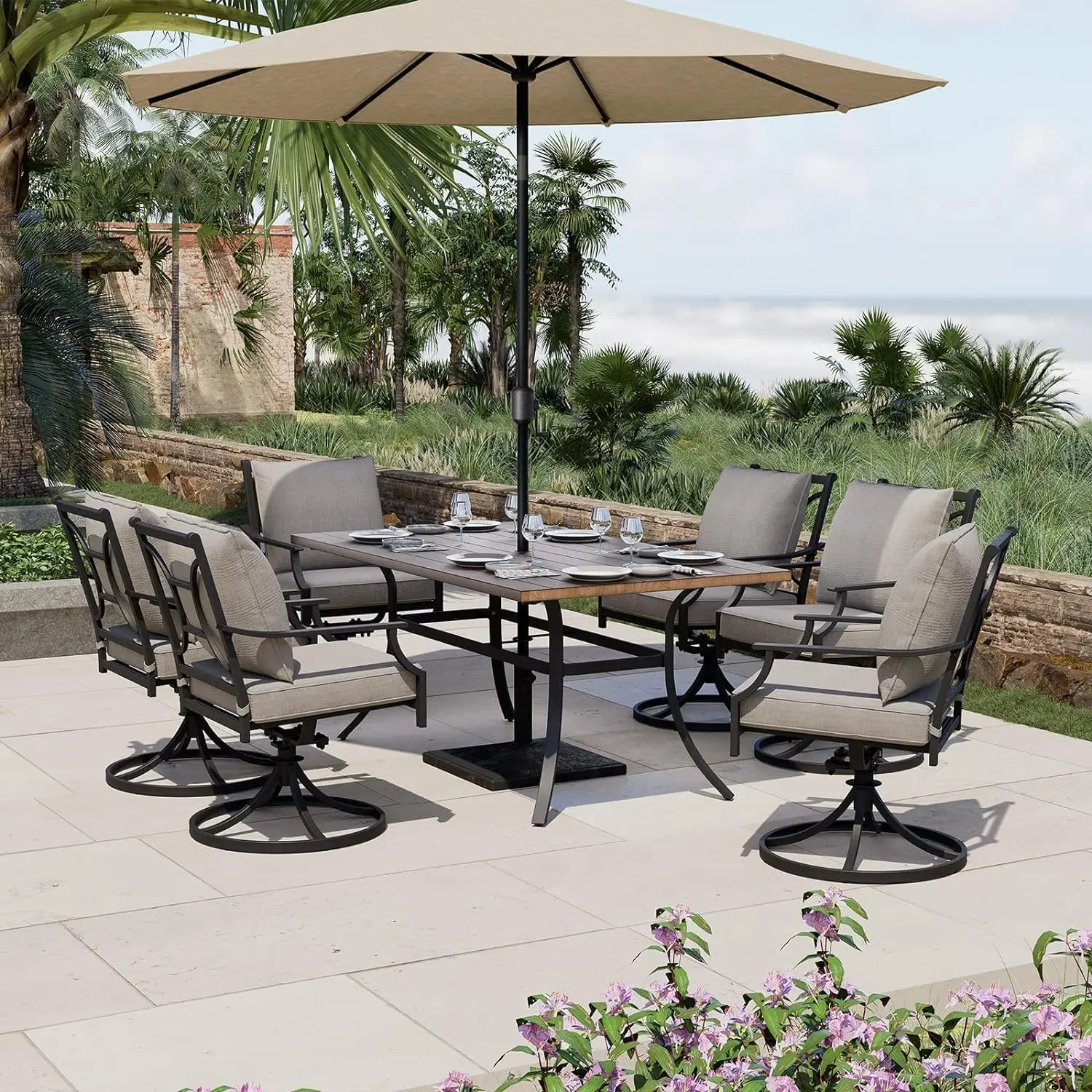 7-Piece Outdoor Dining Set for 6, E-Coated Patio Swivel Dining Set with Olefin Cushions,Rectangular Faux Woodgrain Table