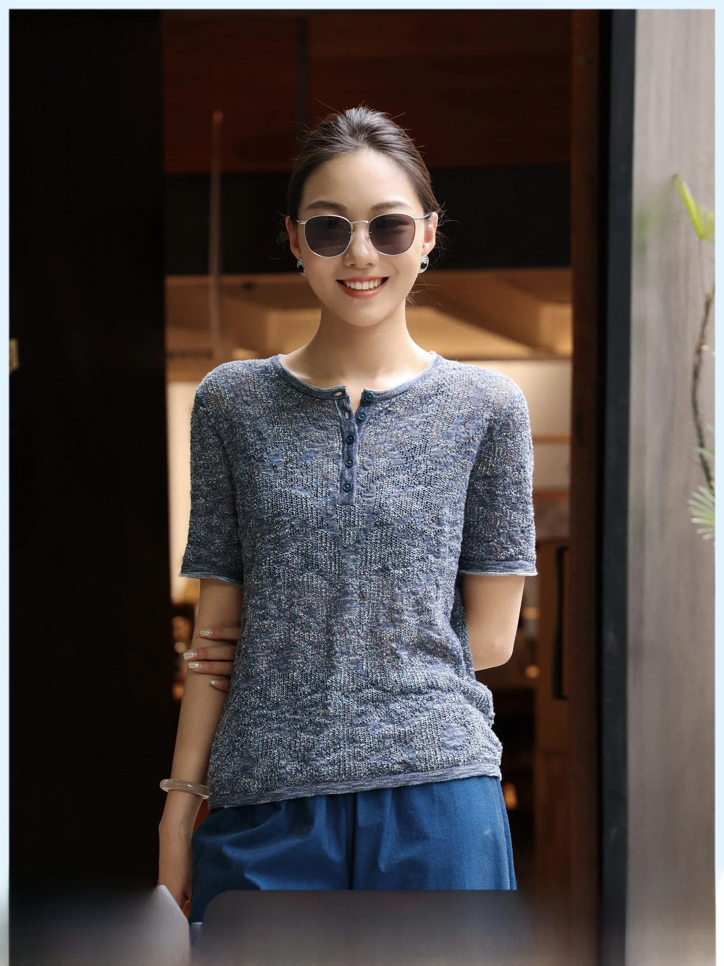 

Loose Knitted Short Sleeve T-Shirt Hollow out Breathable Summer New Style Women's Fashion Thin Knit Top round Neck Casual Wear