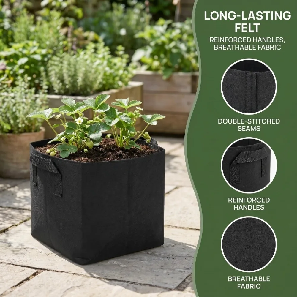 3PCS Durable Felt Growth Bag 20 x 20 x 20 cm Breathable Plant Container Square with Handles Planter Nursery Bag Urban Gardening
